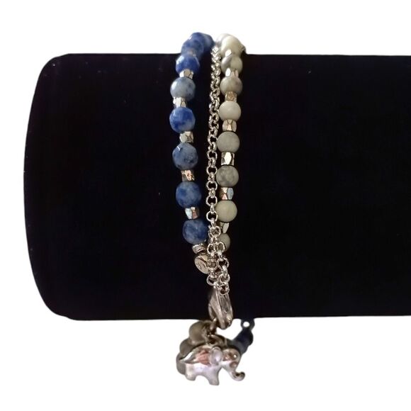 Beaded Elephant Charm Bracelet Multi Strand Blues Silver Tone Dainty Good Luck. - Picture 15 of 16